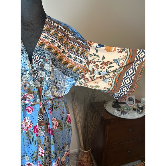 Floral Boho Kimono One Size Brown Blue Multicolor Bohemian Robe Swimsuit Coverup - Picture 6 of 8